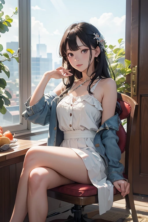 highest quality、4K quality、Man Sitting On A Chair、Woman in off-the-shoulder summer dress riding on man、a man puts his hand inside a woman's clothes、Woman hugs man、The woman is slender、Women don't like