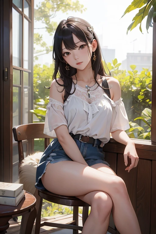 ((Extremely exposed))(High-definition image quality)極Realistic skin texture、High definition face(brown、Very long straight hair、Hair behind the ear、Beautiful moist brown hair、Smooth Hair)((Bright smile))、Gaze(sexyな25歳の女の子、Idol Makeup、Eyeliner)(Fair skin)(Sparkling eyes)Smooth Skin、Realistic skin texture ((Oversized T-shirt、Short length、Cleavage) ((Extremely short denim miniskirt、damage、Super tight、small、Ultra low rise、Panty lines))))Beautiful armpits、On the position of the chest、Round big breasts、Beautiful valley、Ultra-thin waist、Waistline、Long legs、Glitter High Heels((((Seaside cafe during the day、Inviting posture))))(((((Medium full shot from below、sexy))))))Erotic and bold poses、