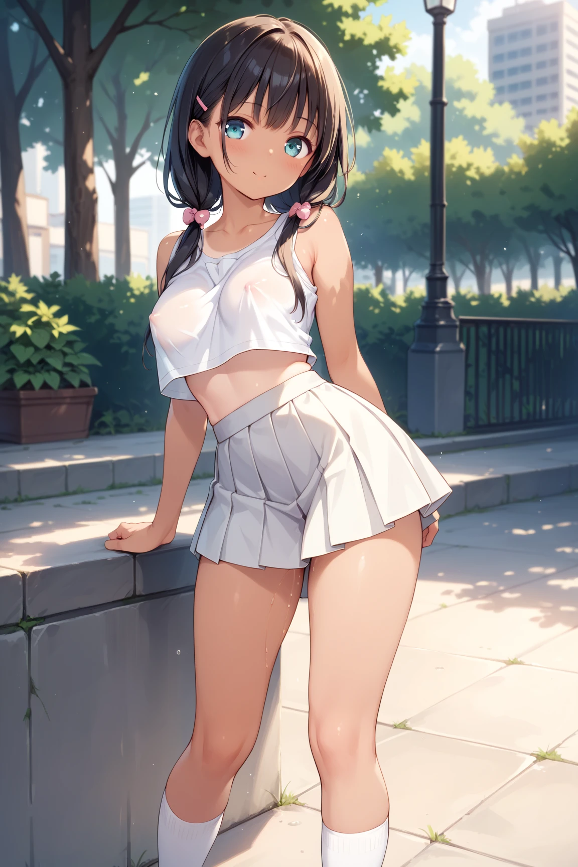 (((medium breasts))), ((best quality)), ((masterpiece)), (detailed), (((perfect face))), (((slender 16yo teen girl with both arms up, hands behind head))), (((topless))), (((dark blue pleated skirt))), ((brunette, dark brown hair)), ((short ponytail)), (((blue eyes))), ((shy:1.3)), ((blushing:1.5)), ((skinny hips)), (((bare arms))), (((bare shoulders))), (((bare stomach))), (((((standing with legs apart))))), (((feet apart))), (((path though garden of trees))), ((blue sneakers))