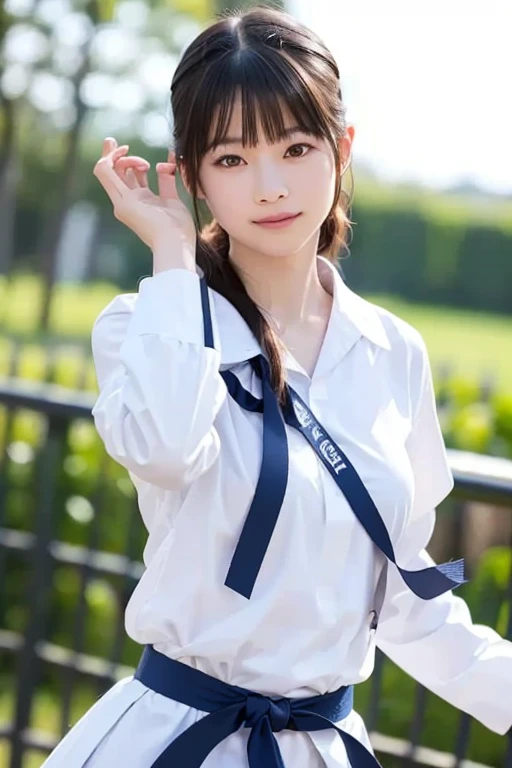 ((Best of the highest quality, 8k, Masterpiece: 1.3, raw photo)), Sharp focus: 1.2, (1 AESPA, slim body type female, 21 y/o: 1.1), (Solo: 1.28), (realistic, photo-realistic:1.37), face focus, cute face, finely eyes, side lighting, using reflectors, (small breasts, flat chest, Thigh: 1.3), (short messy hair, bangs: 1.28), (wearing school uniform blazer, bra top, panties:1.32), (ribbon:1.2), walking terrace dining, sun light, flower,