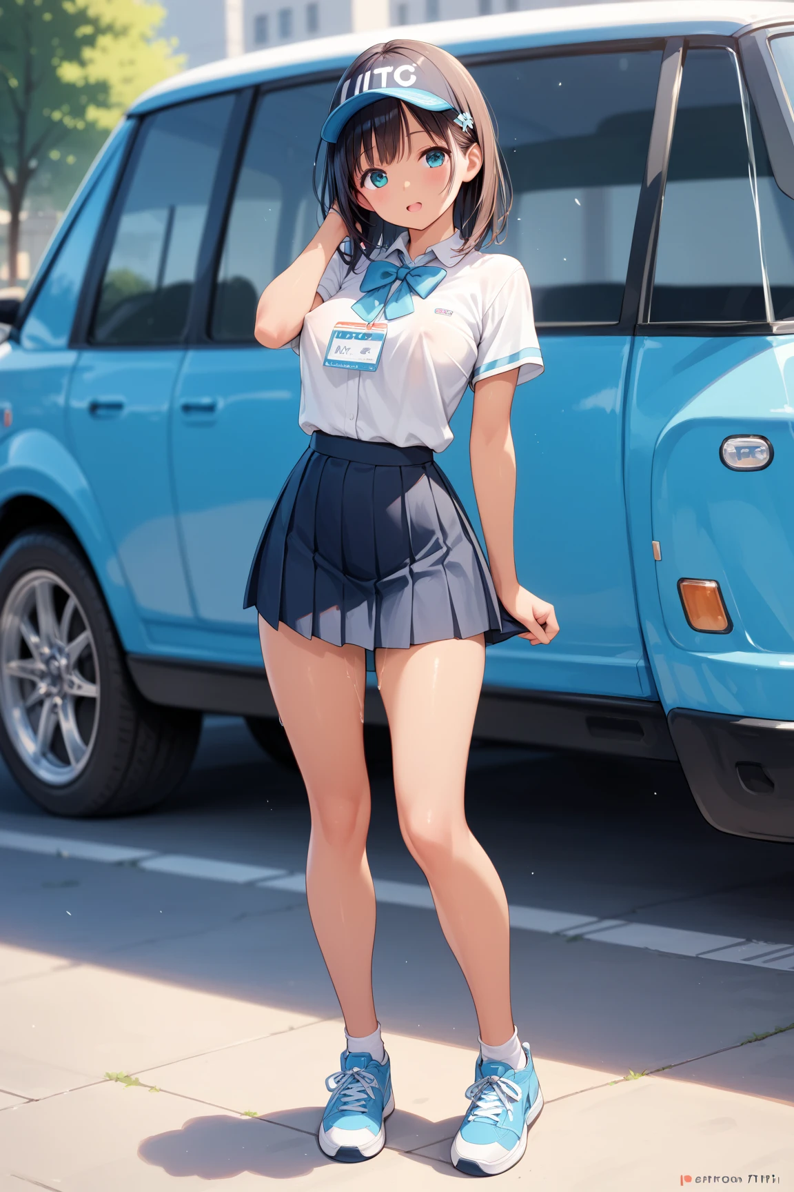 One girl, serafuku, Cowboy Shot, Pleated skirt, White shirt, Red neckerchief, 
Blonde Hair, street, Oversized shirt, cuff, Blue sailor collar,, masterpiece, highest quality, Very detailed、(night:1.8, custom street:1.8, Someone knowledgeable、Detailed Background、Background Blur:1.3, nightのcustom street, Sexually attractive girl、From feet to head、garter belt、Shiny garter fishnet stockings、Long, slender legs:1.3, slenderボディ:1.5, slender、tight)
