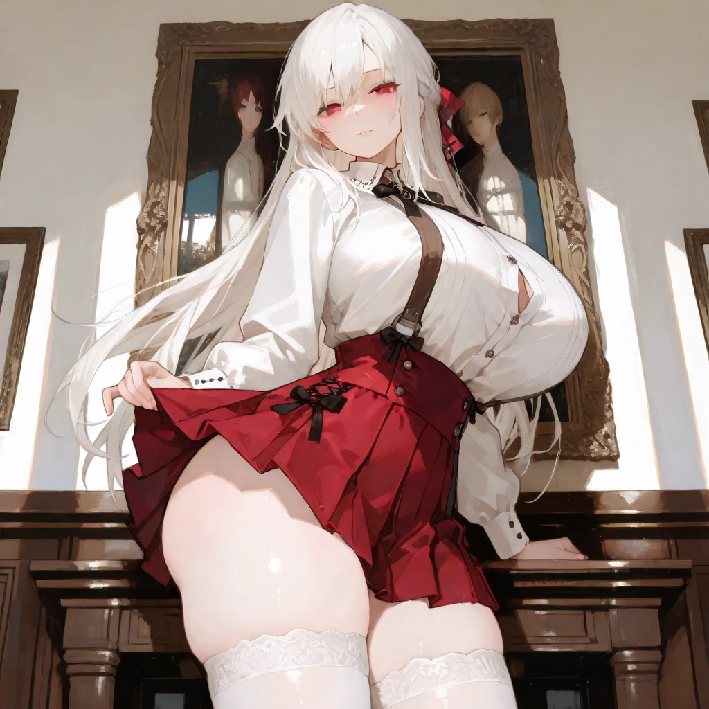 highest quality, masterpiece, Exposed breasts、Big Breasts、Nipples、2 people、Silver Hair、Long Hair、straight、blush、whole body、share、Pussy、H Cup、Nice breasts,big breasts、Skirt and pants taken off、Unbuttoned red and black checked uniform、Drenched in water、2 peopleで、sex、sexy、Wide Hips、Big Ass、Plump、Knee socks、Sex、Brat