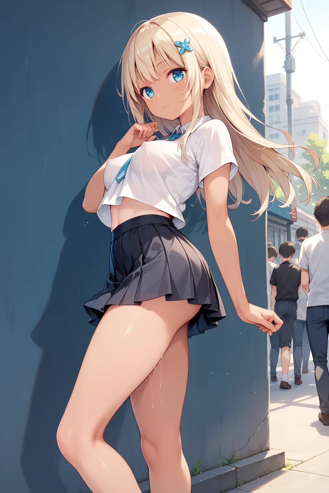 girl,Young,、teenager、(masterpiece,Highest quality),Street,Dark skin,(Brown Skin)、Completely naked,Bare shoulders、Gal、Blonde、smile、passionate、long hair、(Underboob),Big Breasts,Cleavage,(stomach),Black mini tube top、looking at the camera、barefoot、A very short black micro mini skirt,(Ultra Micro Mini Pleated Skirt),Strong winds、No underwear、The skirt is blown up by the wind、solo、Are standing、barefoot、City、Embarrassing、Peeing、Soaking wet