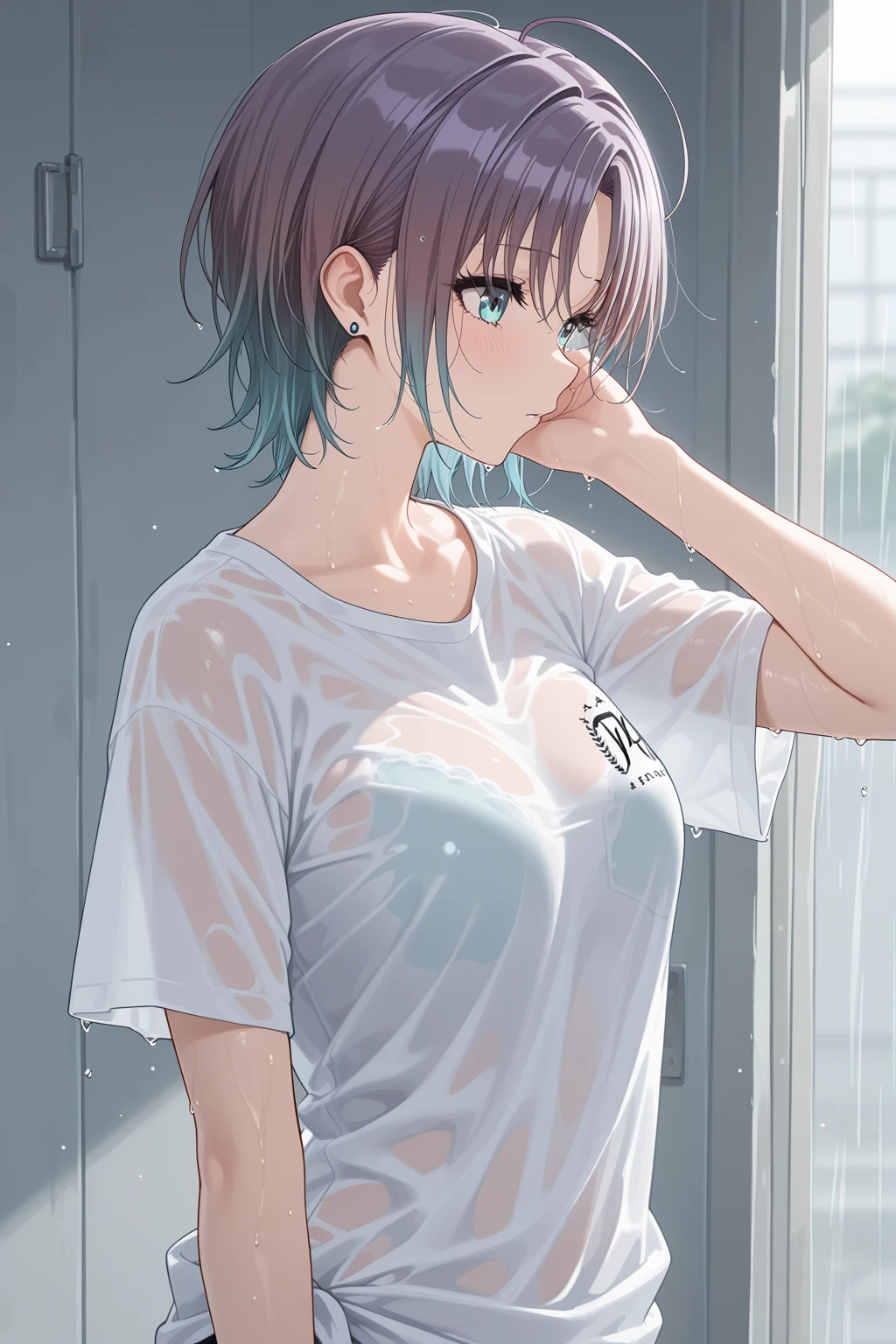wet woman, middle breast, smile, wet T shirts, soft focus, depth of field, shortcut hair, happy expression, thigh, simple background,