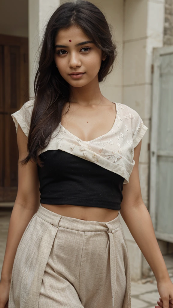 Indian model, 15 year old girl, athletic body type,dark brown oily skin, glossy red lips, short black hair, wearing linen uniform, wet body, wet linen uniform short skirt,raining, outdoor background, greenish background, full body view, high resolution