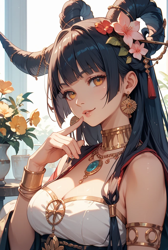 best quality,4k,8k,highres,masterpiece:1.2),ultra-detailed, extremely detailed eyes, extremely detailed body, (large masterpiece digital art), (detailed manga illustration), (detailed line art), ((perfect anatomy)), (intricate details:1.3), (ultra-detailed:1.3), (illustration:1.3), (sharp focus:1.3), (natural lighting:1.05), (vivid colors:1.3), (masterpiece), (best quality:1.4), (perfect anatomy:1.4), high quality, expressive eyes, full body, detailed face, beautiful face, perfect face, 1 girl, medium breasts, black hair, curly hair, wild hair, detailed hair, white dress shirt, black pants, pale skin, sapphire-blue eyes, demon, blue halo, sheep horns, curled horns, (horizontal pupils), sexy face, pointy ears, splash art, the demon girl, curvy, sitting in an office chair at a desk with feet on desk, black high heels, cinematic lighting, dramatic atmosphere, Atey Ghailan, Jeremy Mann, Greg Manchess, Antonio Moro, trend in ArtStation, trend in CGSociety, Intricate, High Detail, Sharp focus, dramatic and photorealistic painting art by Midjourney and Greg Rutkowski, Jeff Bridges, ((cartoon style)), Marvel Cinematic Universe style