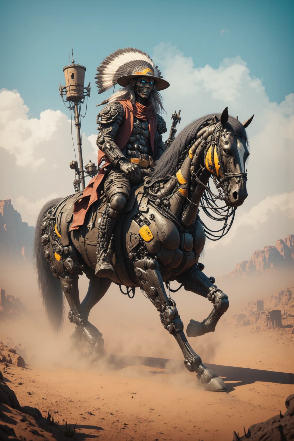 there is a robot in a cowboy hat and suit riding a horse, movie still of the aztec cyborg, special ops mask, cinematic diffused lighting, the king in the desert, movie image, ornate cosplay, portholes, bandit mask, yasuke models of 5 0 0 px --auto --s2