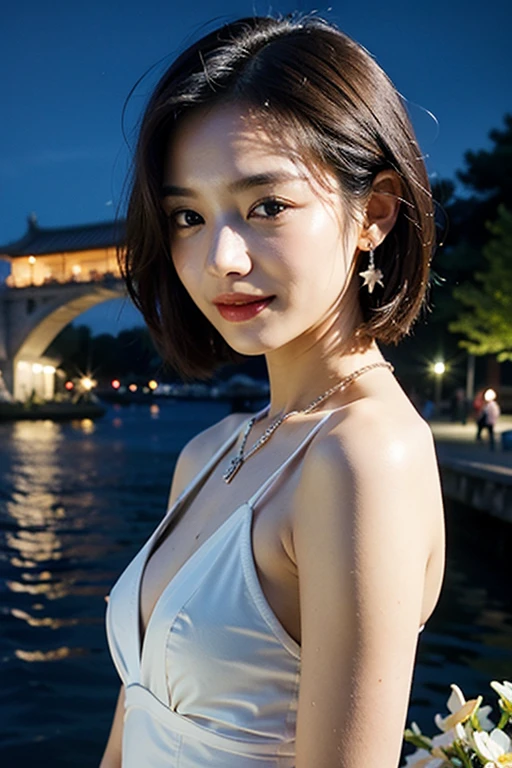 masterpiece:1.2, Very detailed, Ultra-high resolution, Realistic, photo Realistic:1.6, High-resolution RAW color photos, Professional photos, Sharp focus:1.2, Very detailed顔と肌の質感, Very beautiful eyes, Glossのある肌, Glowing Skin, Glowing Skin, Shining Face, Gloss, Oily skin, greasy face, Oily skin, greasy face,, real Glossのある肌 texture, Perfect Anatomy, Very detailed背景,(Luxury resort at night),1 female,25-year-old woman, Japanese women,short hair, Straight hair, bangs, Brown Hair,(Flat Chest:1.6),Slender legs, Luxury earrings、Super high-end necklace