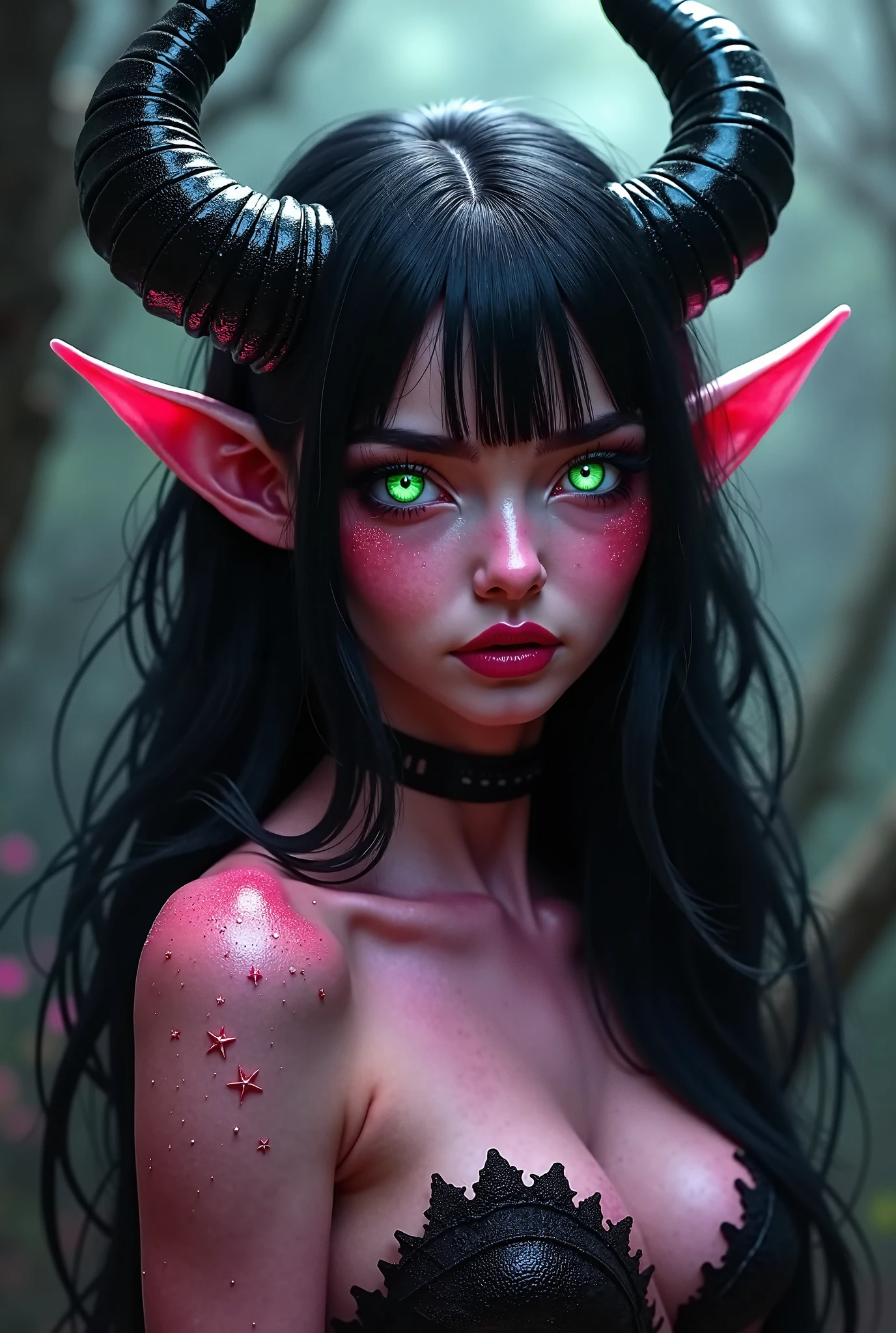 horror-themed Wide angle digital illustration, (Demonic female character with dark ash-gray face:1.3), Symmetrical composition, Cracked stone texture, Golden veins, (Red luminescent eyes:1.3), Several twisted horns, Intricate golden metallic details, (Golden veins on neck and shoulders:1.2), Gothic architectural background, Bluish light from top center, (Ominous atmosphere:1.2), Deep shadows, Highlighted facial features, Sinister expression, Realistic digital art, Fantastic influence, eerie, unsettling, dark, spooky, suspenseful, grim, highly detailed