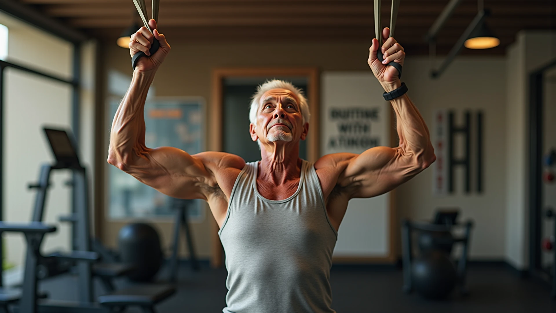 50 year old fit man shirtless big pecs tied up to wall, hands over head, very hairy chest, beard, hanging from ceilimg