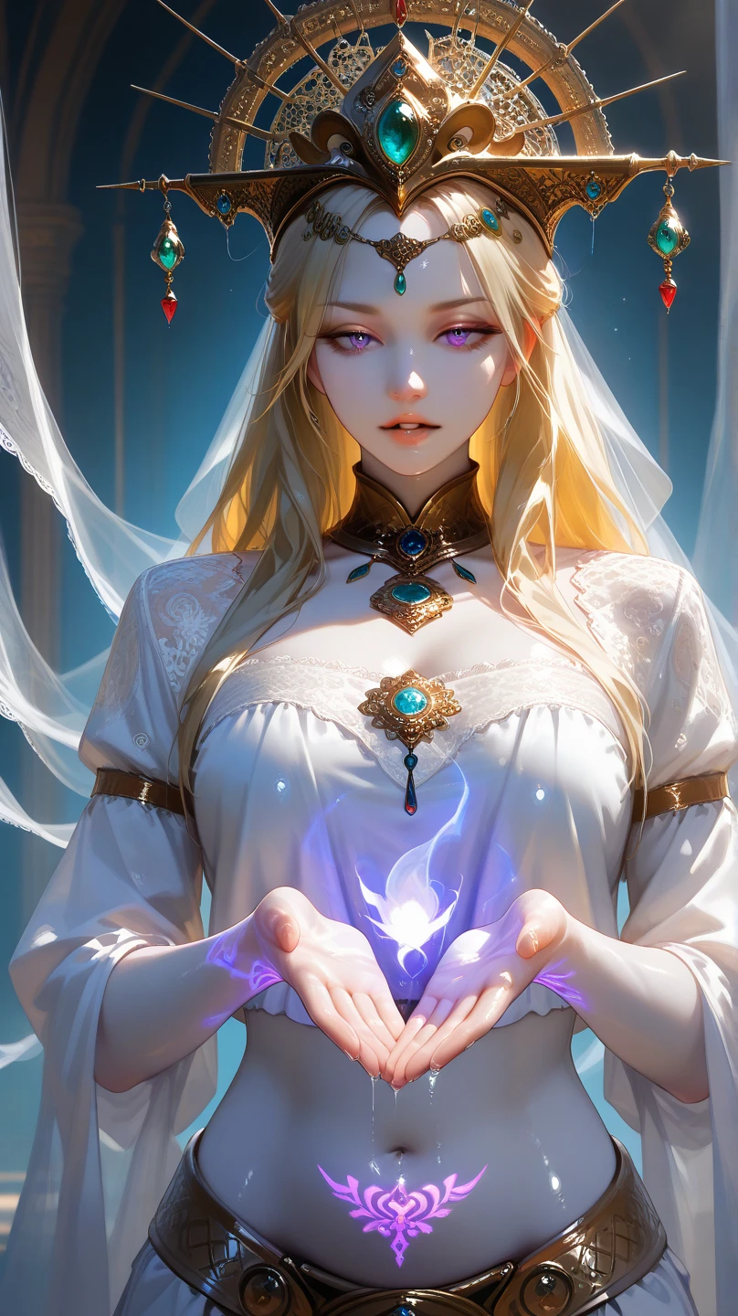 Cassia song of the fallen, long hair, blonde hair, blue blindfold,
 White gown, white dress, big breast, there are magical runes on her hand, the runes shining in yellow color,
Standing at the edge of a cliff, the it's night time and cloudy, forest and trees background,
score_9, score_8_up, score_7_up, score_6_up, source_anime, masterpiece, best quality, skindentation, anime artwork, intricately detailed photorealism, very detailed, highly detailed texture, cinematic illumination, volumetric lighting, detailed face, detailed skin, detailed eyes, rating_explicit, concept art, absurdres, highres, hd, ultra hd quality details, Expressiveh, solo focus, 1girl,