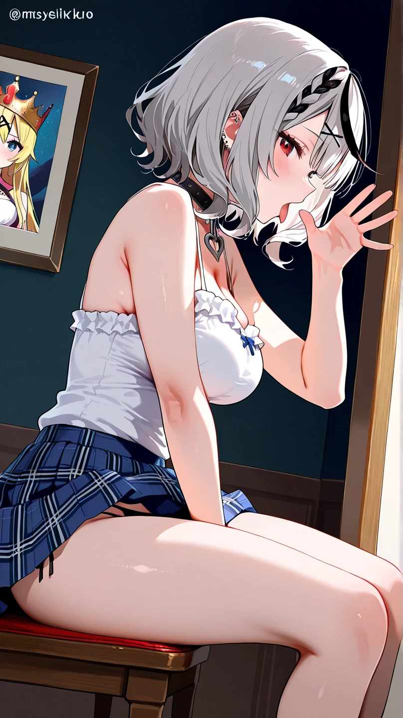 NSFW,(((perfect anatomy,realistic:1.4,RAW Photography:1.4,masterpiece、highest quality、Ultra - High resolution、High resolution、Highly detailed CG、8K))),cowboy shot,1 female,solo,18 year old beauty,Japanese,((beautiful detailed face and eyes:1.3,big gorgeous eyes:1.3,gray eyes)),white hair, inner color hair, short bob hair,blunt bangs,blush,(medium breasts,slender body,small head:1.3,skinny),(gleaming skin,shiny skin,sweat:1.4),(Wet crotch),(oversized_black_sweatshirt_hoodie,Long sleeve、Bare legs),((spread legs)),、bottom less, show off pussy, no bra, lift up shirt ,(love juice)