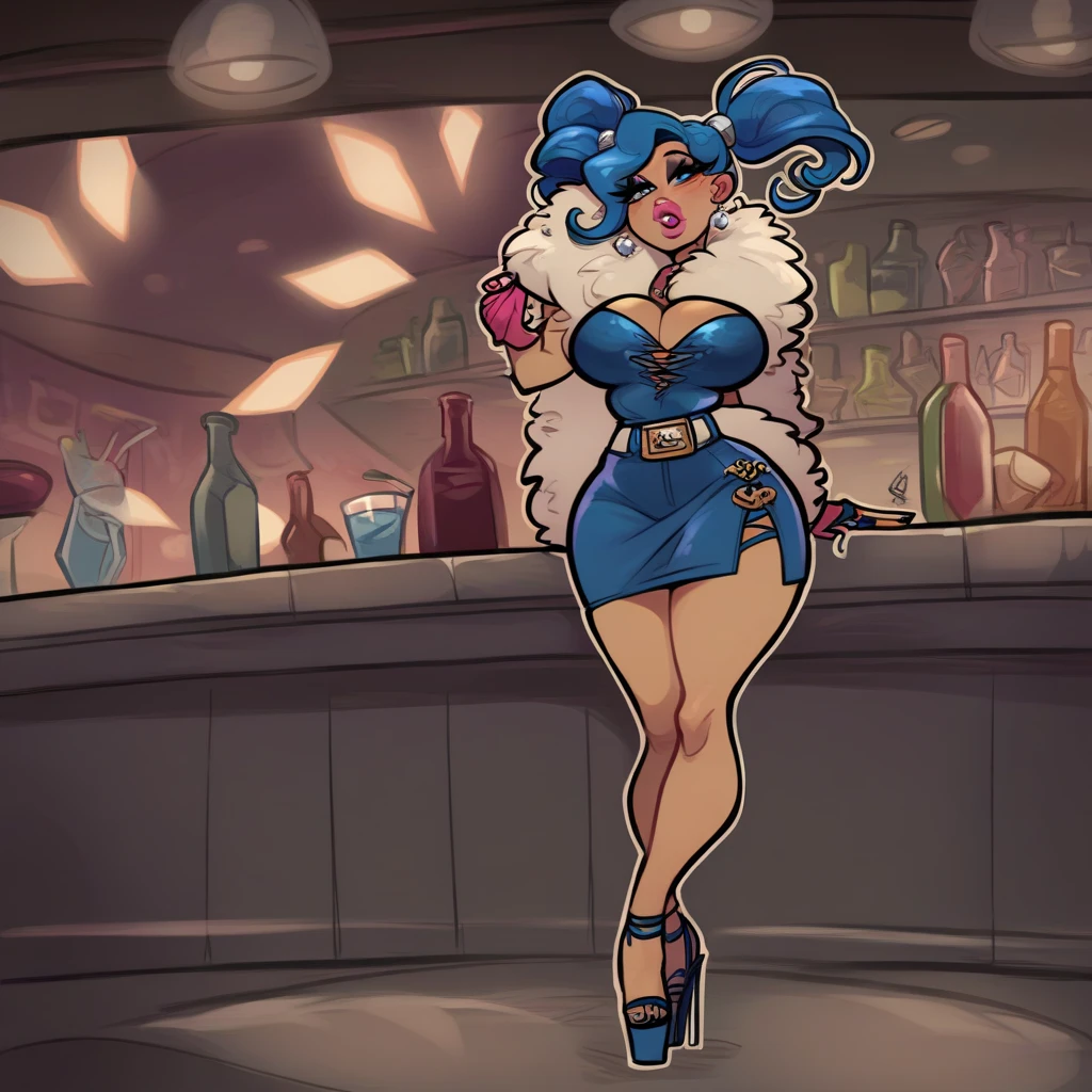 Cartoon drawing of a MILF scientist with only a robe partially covering her breasts and a red thong eating a sausage, sitting, legs open, heels, normal breasts, marked nopples, thick lips, blue eyes, Gwen Stacy's face, smiling, HUGE BREASTS!, SFW milf, stylized legs, stylized hips, curly hair, long hair, ponytail hair,  hoop earrings, small nose, comic drawing style, GTA 5 art, huge breasts, open robe, visible breasts, thick lips, open legs