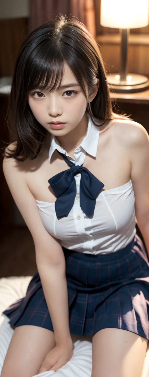 ((masterpiece)), (highest quality, Ultra-high resolution, High resolution photos, unity 8k wallpaper, extremely detailed CG:1.2),(RAW Photos,:1.3), (Photorealistic:1.4), Japanese beautiful girl、15-year-old junior high school student、  Professional Lighting, Strobe lighting, Photon Mapping, Radio City, Physically Based Rendering, cute, (finely detailed face:1.4, detailed clothes), (detailed:1.4) Beautiful Face, (Captivating smile:1.2), Depth of written boundary, Add Layer, (Dutch Angle, Sculptural installation), Cosplay, Cosplayer, A maid outfit with a large open chest, Open front, exposing breasts、Her clothes are open and her naked body is visible、Frillsのカチューシャ, Frills, Short skirt,No underwear、Under the skirt are no pants、No bra、No underwear、 bow tie, Maid Apron, (Shiny oily skin:1.25), Knee socks, Knee-high,topless、Upper body naked、Naked Maid、Full nudity