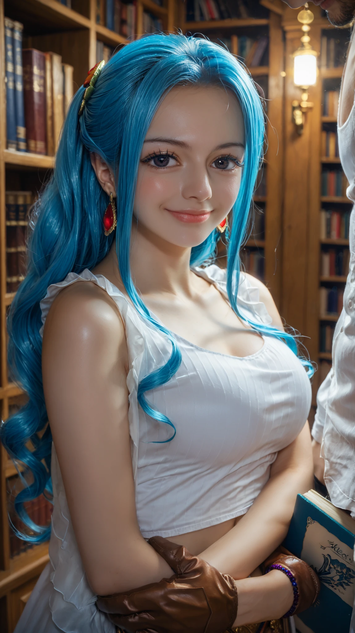 2D, anime, anime style, beautiful girl, medium shot (head to hips), sleeveless, boy, jewelry, earrings, bookshelf, shirt, arms crossed, gloves, neckband, brown gloves, hair ornament, frowning brow, breasts, book, white shirt, closed mouth, tank top, ribbon, indoors, purple ribbon, blue hair, long flowing hair, blue eyes, soft blush, soft smile, elegant pose, highly detailed face, realistic shading, luminous skin, looking at viewer, highly detailed, high resolution, vibrant colors, plain black background, strong contrast, spotlight effect, Nefertari Vivi, 25 years old, Korean style cosplay, beautiful lighting, tummy tones