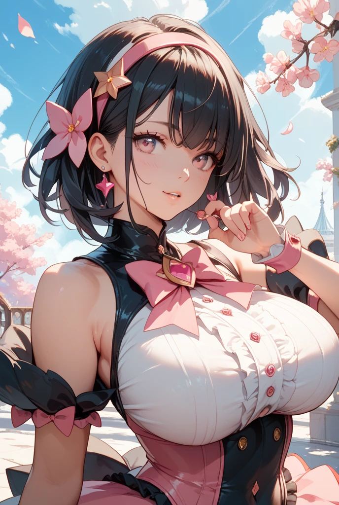 masterpiece, highest quality, super detailed, High resolution, (Ink painting style), excellent anatomy, 1 beautiful woman, Face reality, Super high chroma, 8k, black hair, outdoor fashion, cherry blossoms, beautiful cherry blossoms, cherry blossoms petals fall, ruffled skirt, Slightly larger breasts that emphasize cleavage, color々sexy pose, natural scenery, best light, best shadow, Mysterious, perfect face, very detailed,