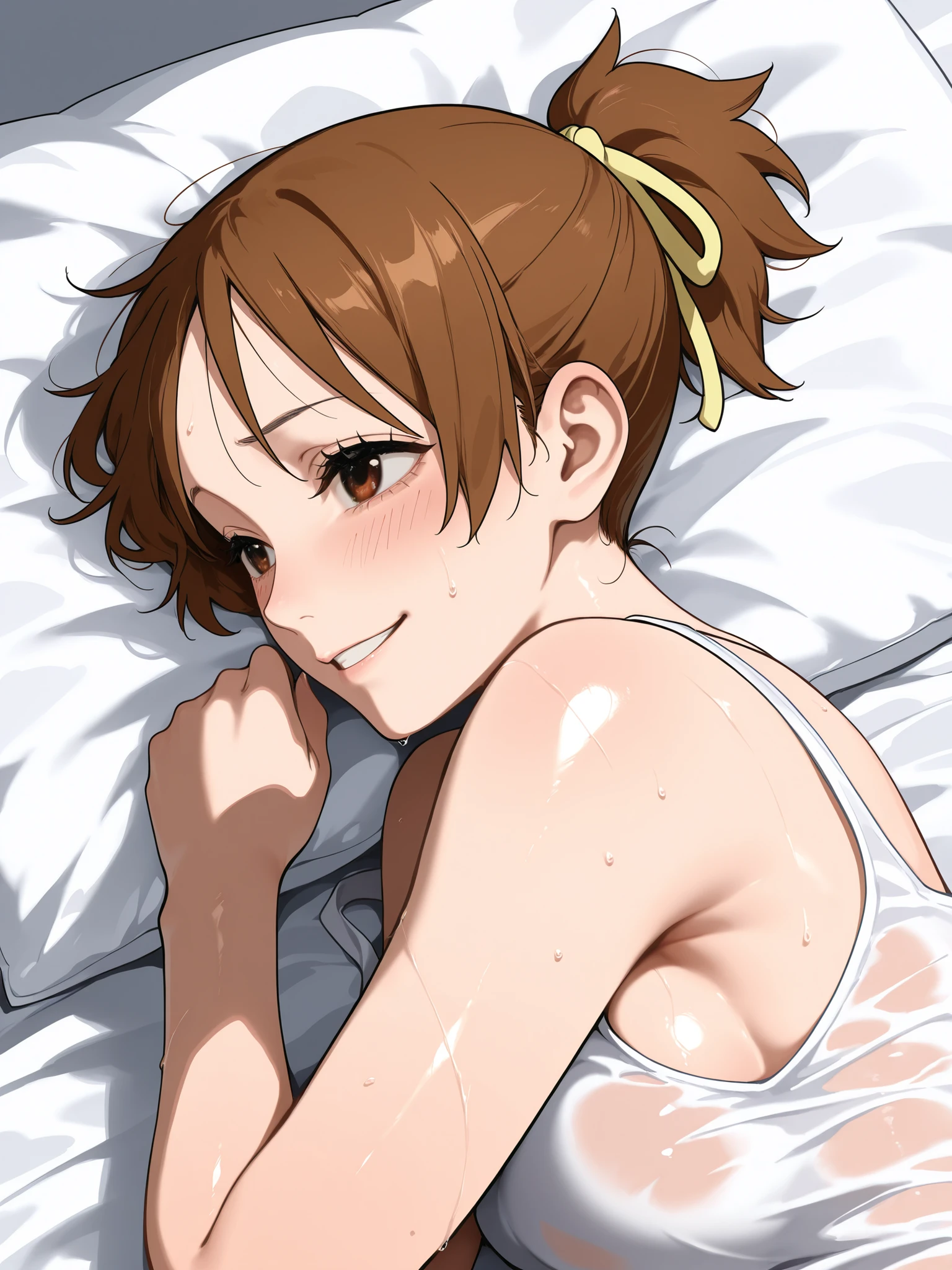 masterpiece,best quality,ultra detail, ( girl), (small breasts), short brown hair, purple eyes, (outfit cowprint bikini), open mouth, shy, blush, viewer's view from below, thighs, beach scene, only naked bikini