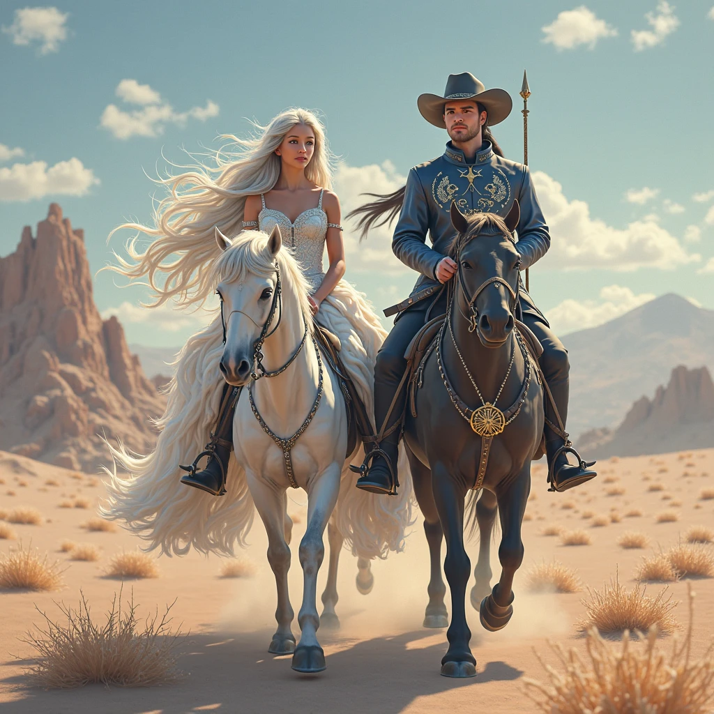 on the beach, many small full body, naked woman lie on ground, small man riding white horse far far, white feather cloak, shield, bow, sword, female greek god, white hair, masculine, mature, naked, hairy torso, fantasy, intricate, elegant, highly detailed, digital painting, artstation, concept art, smooth, sharp focus, illustration,