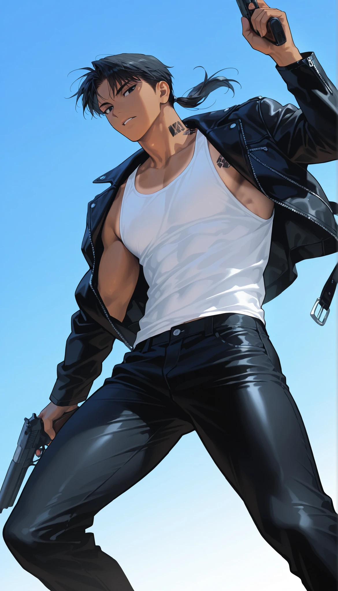 high resolution, masterpiece, best quality, high resolution, masterpiece, 1 man, background, black hair, black eyes, handsome, outdoor, illustration, dark skin, gradation eyes, Refreshing, Age in their 20s, muscled body, slightly large eyes, (white tank top, leather jacket, black combat pants), detailed face, large build, sharp jawline, (calm and cool aura), cinematic lighting, crisp edges, clean shading, from thighs up, (dynamic angle), (cinematic framing), natural pose, (ponytail), (toned physique), broad shoulders, defined jawline, ((dark skin, tanned skin)), (holding gun), black tattoo on neck