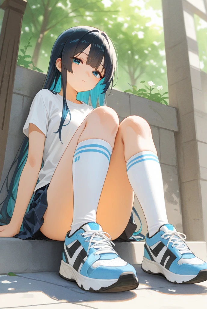 a matter of fact, daytime, sunlight, 1 woman, 8K resolution, ponytail, blue hair, blue eyes, glowing eyes, white short skirt, Blush, tennis court, sunlight, sleeveless shirt, Wet from the rain, seethrough, Sit with your knees raised, Spread your legs, M leg, pussy, embrarass, the skirt is blowed up, highest quality, High resolution, highly detailed face, perfect lighting, Very detailed CG, (perfect hands, perfect anatomy), minami nanami, perfect figure, view from, below, in love expression, bottomless,