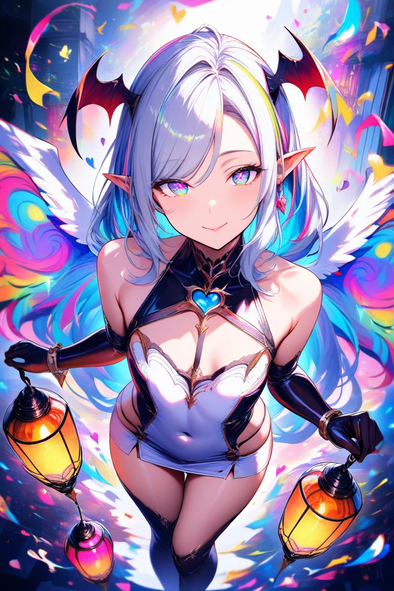 ((masutepiece, of the highest quality, water color art (Pendants), Beautiful and aesthetic: 1.2)), (Golden ratio: 1.2), (full body: 1.2), (Super detail: 1.3), (1 girl: 1.3), (Fractal art: 1.3), full body, (Glitter Pupil)), patterns, (rainbow colour hair, Colorful hair, Half light blue and half pink hair: 1.2)), Colorful, Writing, (Heterochromia), (Colorful: 1.5), (((Shy face)), ((Tiny micro bikini)), (full body Esbian), (Hyper-detailing), ((exquisitedetails)), (intricately details), ((Cinematic light, Highest quality backlight)), High contrast, ((The best lighting, Very delicate and beautiful)), (( Cinematic light)), (ray-traced reflection, Glow), (((Glowing aura)), ((Glowing hair)), ((Super detail)), (8K)), ((closeup cleavage)), ((Brown skin)), (Showering), ((Seductive smile)) ,((high angle full body shot)),(NSFW:1.5),completly,((Demon Girl, demonic horns, Demon tail, Demon's wings, Pubic bone_Tattooed with, heart - shaped pupils))、((In the bet))、feater