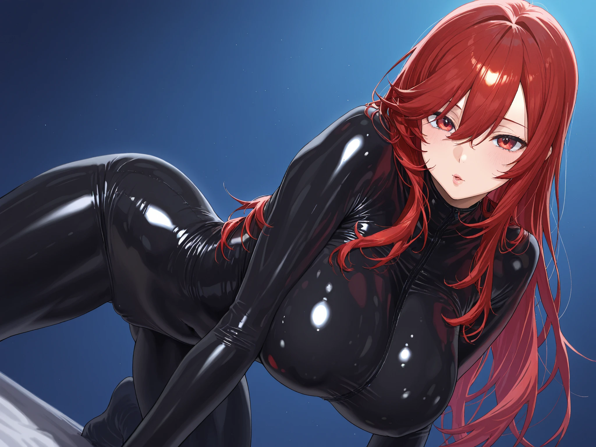 red hair, straight hair, wet hair, jewelry, eye reflection, star-shaped pupils, (perfect aqua blue eyes), one eye closed, evil smile, smug, tsundere, red lips, cheek-to-cheek, cinematic lighting, chromatic aberration, god rays, ray tracing, motion blur, drop shadow, angle from front, Eye-Level Shot, UHD, masterpiece, high details, high quality, best quality, highres, 16k, ((perfectly curvacious breats)), (detailed pupils), ((thick perfect thighs)), beautifully detailed pupils, (((latex clothing))), black latex ass, calm sunny neighbourhood, daytime ((firey detailed eyes)), beautiful dark pupils