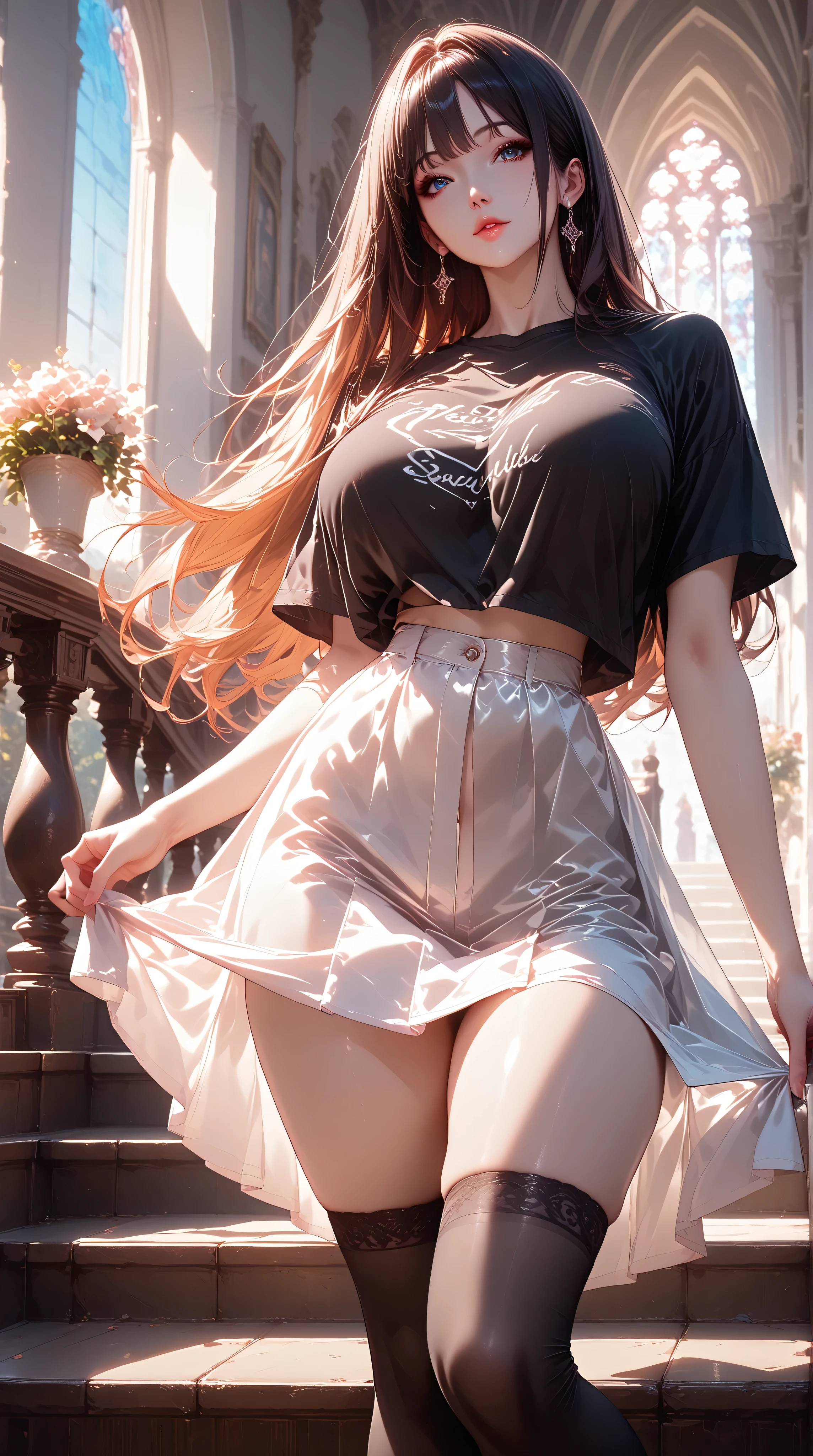 Masterpiece: 1.2, Best Quality), Realism, (Real Pictures, Rich Detail Detail, Depth of Field), (1 Girl, Solo), Makeup, Cleft Lip, High Detail, Perfect Face Shape, (: 1.4), (Skin Dents), Thick Thighs, Broad Buttocks, Thin Waist and High, Coral, Red Lips, Red Eyes, Ponytail (Girls, Tulle, Tulle Transparent), (Sweat: 1.2), (Wet), Sexy, Blush, (Shy Expression), Suspenders, Tank Tops, Short Skirts, Shorts, Yoga Pants, Tight Short Skirts, Tight shorts, stockings, fishnet socks, pajamas, pleated skirts, skirts, hip skirts,