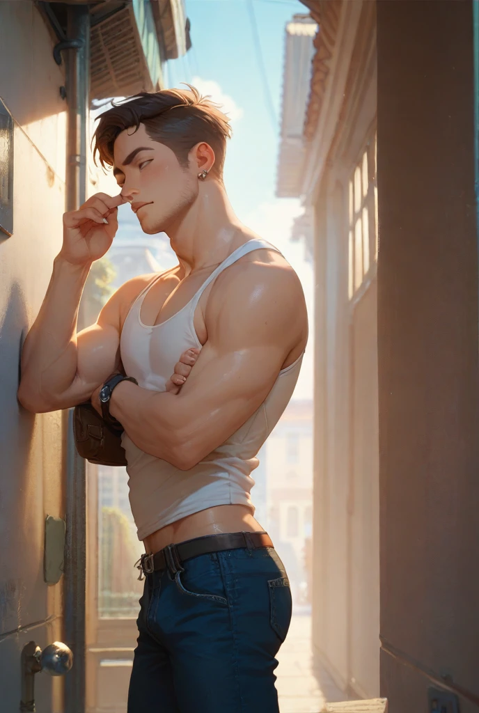 (masterpiece, best quality), Dark photograph, homoerotic, a shirtless average young man, redneck, smoking cigarette, sitting on concrete steps porch of small farmhouse, hazy, smokey, film, accurate proportionate, bare chest leg thigh knee calf foot barefoot, summer evening, nighttime, Photorealistic, hyperdetailed, life-like, sharp focus, ((detailed realistic skin, life-like detailed realistic face)),