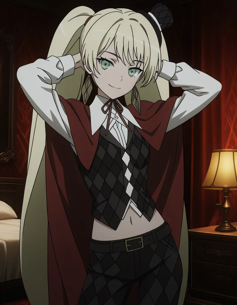 ladylee tangleroad, long hair, blonde hair, twintails, green eyes, anime screencap, hat, navel, jewelry, earrings, mini hat, top hat, belt, shirt, long sleeves, ribbon, white shirt, collared shirt, pants, neck ribbon, checkered clothes, high quality, closed mouth, solo, cowboy shot, bedroom, indoor, hands behind head, ((contrapposto)), smile, looking at viewer, best quality