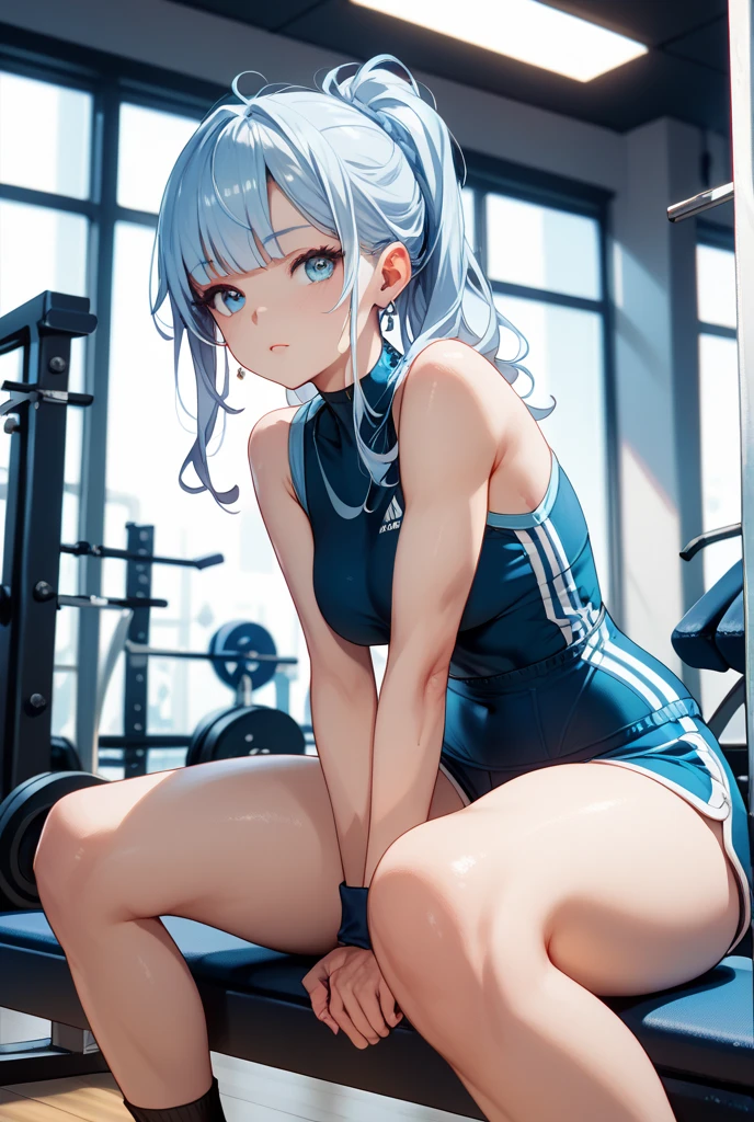 Silver Hair、blue eyes、girl、Small breasts、Twin tails、girl、Small breasts、Lolita、Bright smile、Looks about 15 years old、Petan Musume、He is short、Eye highlights、Sexy thighs、Wearing gym clothes、Sweating