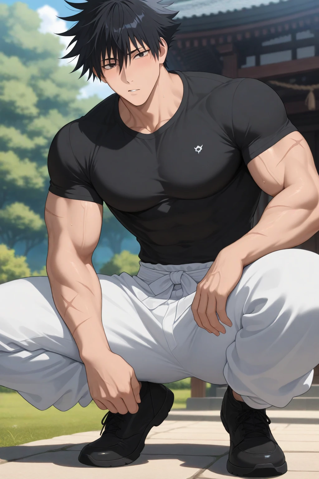 anime guy with orange hair and no shirt sitting on a bed, muscular!!, muscular!, handsome anime pose, gigachad muscular, muscular!!!, beefcake pose, muscular! white, anime handsome man, muscular thighs, handsome ichigo kurosaki from bleach, muscular body, most strongest pose, muscular! fantasy, muscular male, a muscular, | fine detail anime