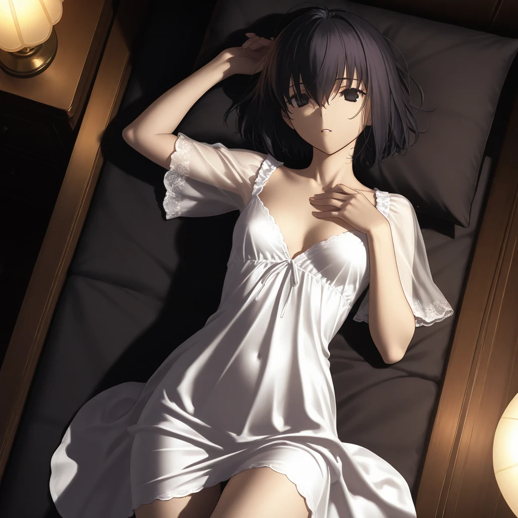 Pure white soft silk dress，Girl，Lie down in bed，elegant seducing pose，Smooth translucent white skin，Black stockings，Show off your thighs，Be red in the face，Blush 1.5，Black color hair，short detailed hair，