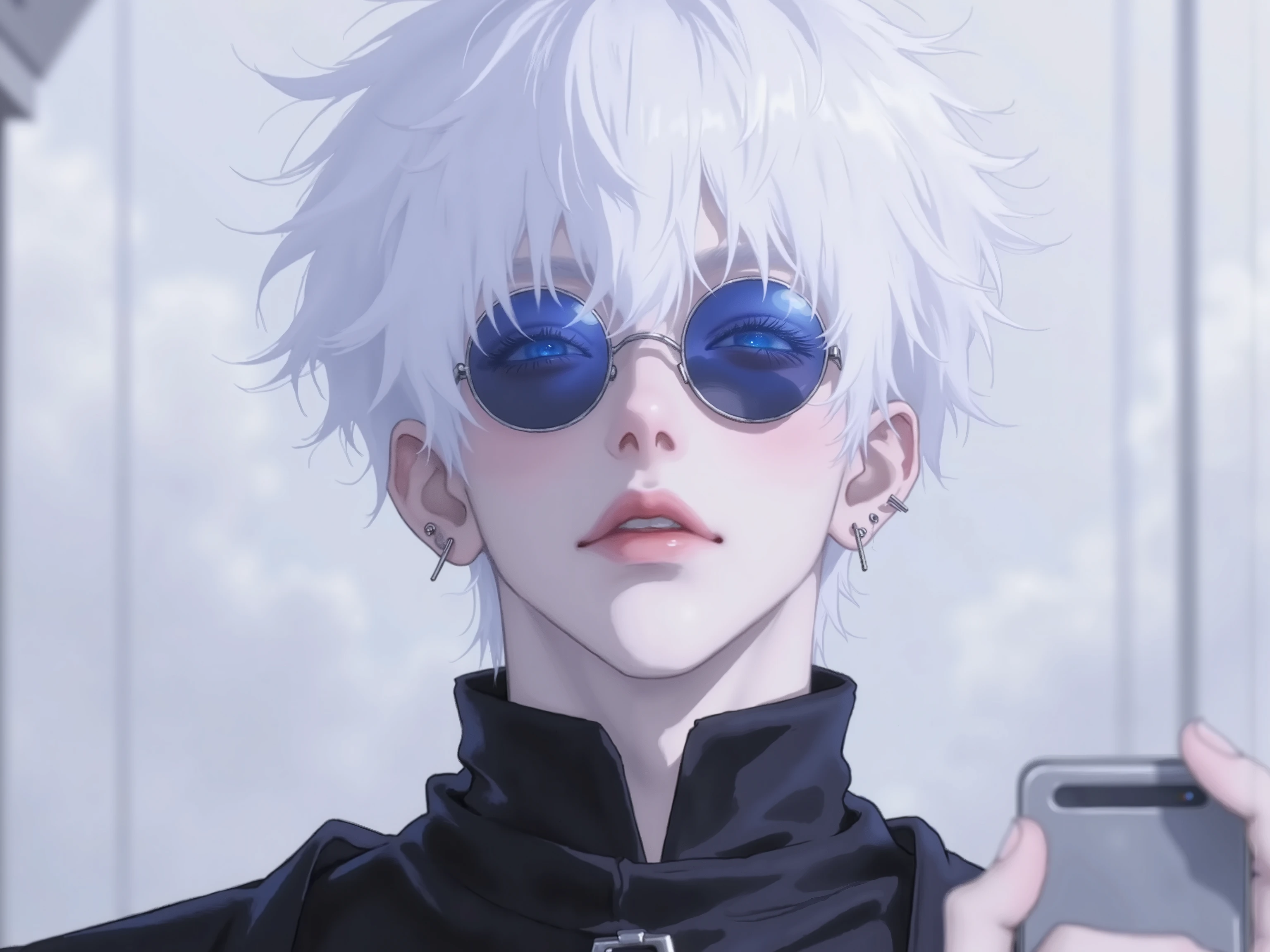 ((점수_9,점수_8_위로)), GOJO SATURO, Portrait of Gojo Satoru from "Jujutsu Kaisen", upper body only, facing forward with a calm and confident expression. White hair, blue sunglasses, wearing a high-collared black uniform. anime style, detailed lighting, soft shadows, Upper body output