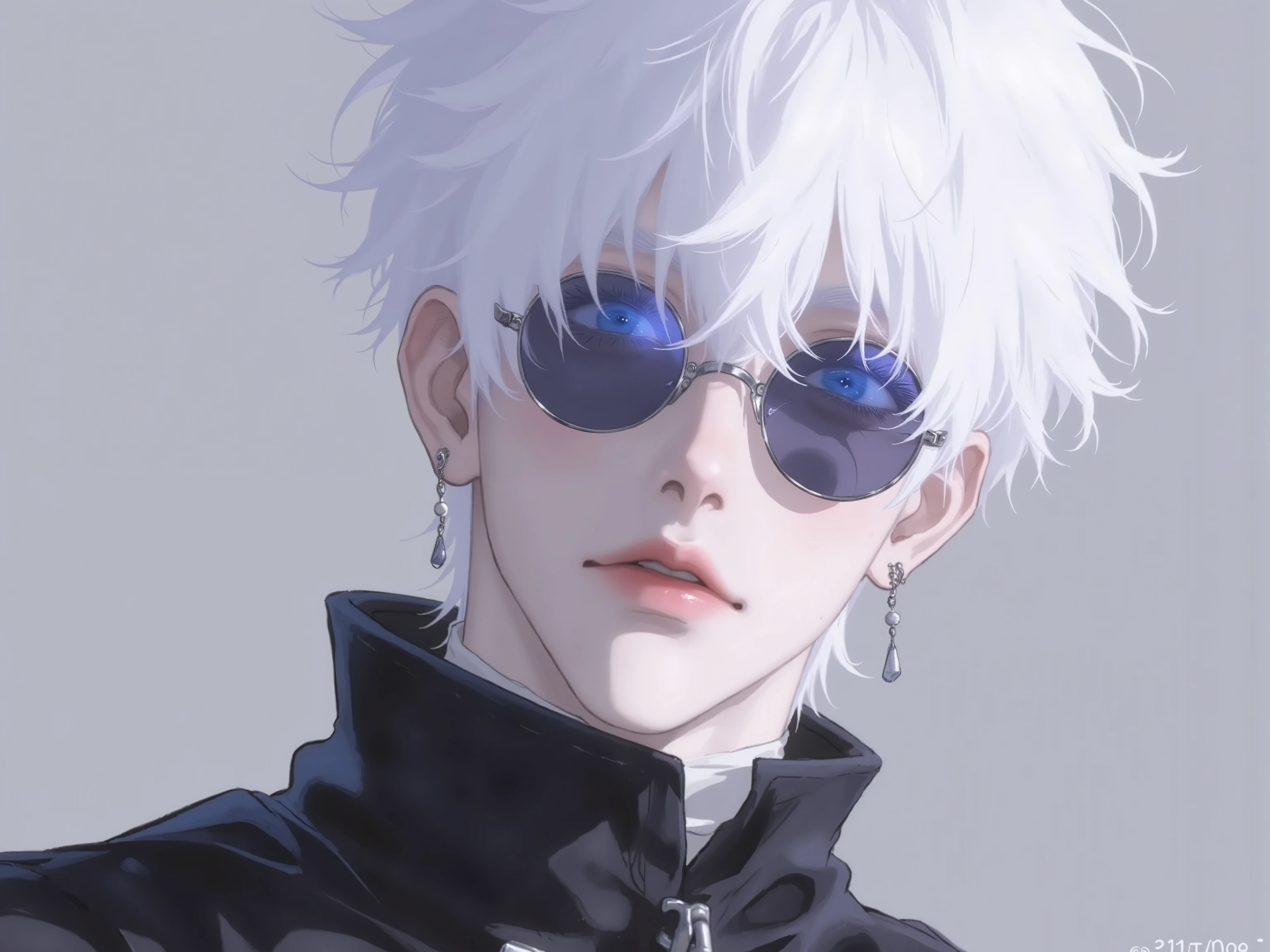 ((점수_9,점수_8_위로)), GOJO SATURO, Portrait of Gojo Satoru from "Jujutsu Kaisen", upper body only, facing forward with a calm and confident expression. White hair, blue sunglasses, wearing a high-collared black uniform. anime style, detailed lighting, soft shadows, Upper body output
