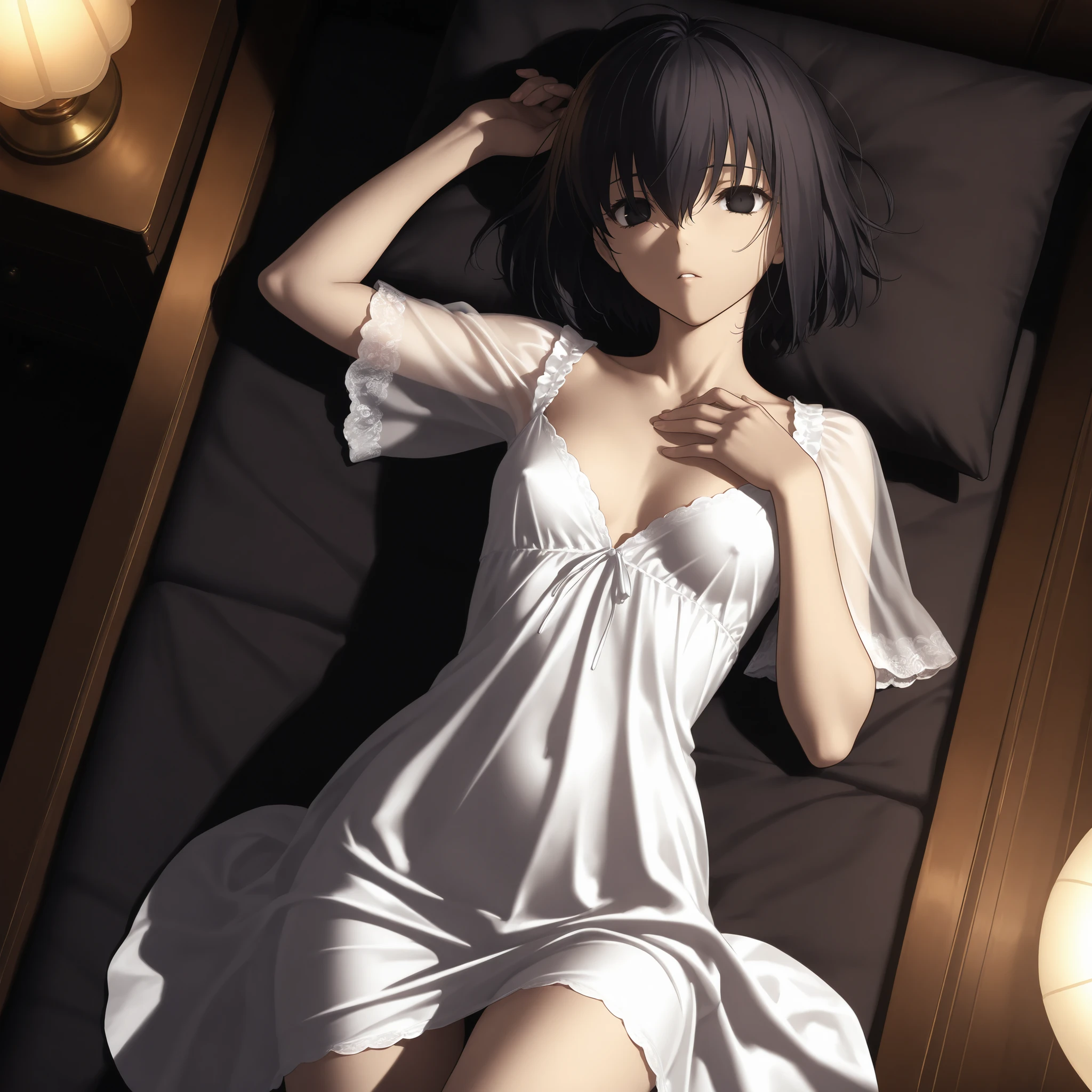 masterpiece, , absurdres, highres, detailed background, high resolution, masterpiece, necessary, detail, best quality, quality, necessary, details, High details, Precise, , indoors , lamp , (gothic architecture:0 . 3) , dark theme ,low light , , from above,, solo, ,
1girl, , (type-moon,) style, koyama hirokazu style, on back , lying floor , hands up, shin skin ,
tall girl, mature, 1girl , solo , kuonji alice , black hair , short hair , hair between eyes , black eyes , , Alice_Asc2 , (show off nipple) , light purple sundress , see-through sleeves , short sleeves , panties, looking at viewer , small breasts, upper body,