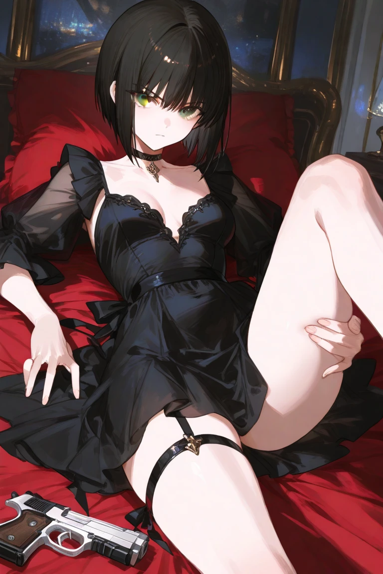 Top Quality, (Background Detail), (Male On Top), Perspective from Below, Full Length, Legs Spread, Underwear, High Contrast, Super Beautiful Girl, Detailed Original Illustration, Sensual, Delicate Face, Charming, Bad Girl, Sexy, Looking At Camera, Real Breasts, Twintails, Stalker, Crazy Smile Crazy Eyes, Heads Up, Holding Knife, Pale Skin, Bloody, Black Hair, Yandere, Mine Girl, Lolita, Blood Makeup, Red, Black Background, (Black Background: 1. 5), Beautiful Line Drawing