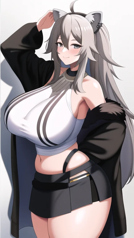 最high quality, 8k, High resolution, high quality, masterpiece, beautiful, (Anatomically correct:1.2), Long white hair, Wolf Year, Wolf's tail, blue eyes, Fishnet tights that reach up to the thighs, Black combat boots, Wearing an open jacket lined with fur, nude, alone tomboy, Only one woman ((Big Breasts)) alone, alone, (alone)(alone) Thick thighs, Wide Hips, blue eyes, Perfect Eyes, Perfect Face, Fuller lips, Happy, White shirt, abdomen, black cut off shorts, Face in perfect detail,