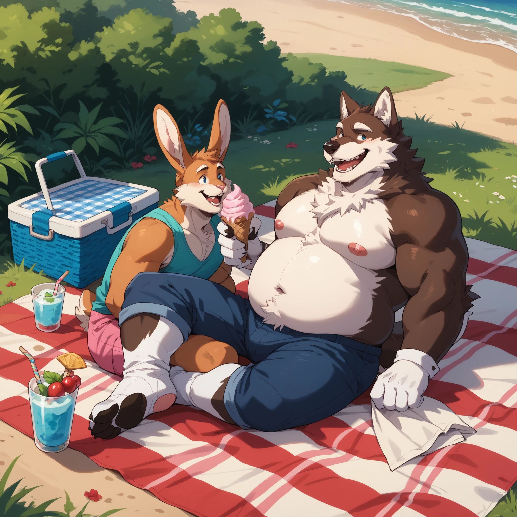 {Side view} a couple of furry young girl and a furry young boy in a treehouse try to endure a blazing heatwave by eating plenty of ice cream (most of which has unfortunately already melted) and drinking lemonade {[girl: giantess, canine, anthro, strong arms, definited muscles, huge booty, huge thighs, wide hips, chubby belly]}, {[boy: canine, anthro, fat, (morbity obesity:1.4) fat legs, fat belly, drinking lemonade by the pitcher, bigger than the couch, fat, fat belly, round belly, stuffed, sitting, hands on belly]} looking each other, barefoot, shorts, underwear, size difference, same age