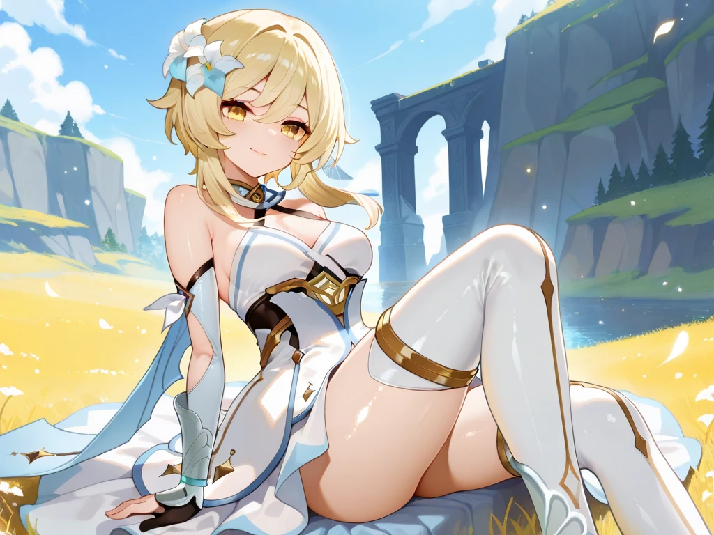 (masterpiece:1.2), (highest quality:1.2), perfect eyes, perfect face, perfect lighting, sunlight, outdoor, desert, 1 girl, blonde, yellow-green eyes, one eye closed, (((wavy hair))), bun_head, medium hair, ((((white bikini armor)))), cute eyes, closed mouth, ((from above)), ((front)), arms behind head , ((spread legs)), ((grin)), spoken heart, nipple, abs, (big breasts)