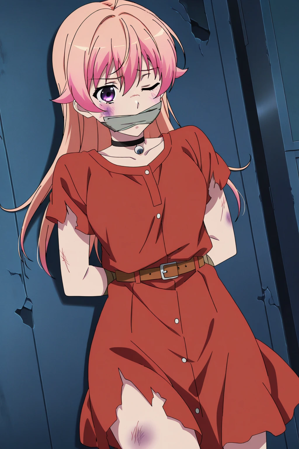 13-year old Sakura, green eyes, bondage with ropes, bound and tied up, gagged with a piece of cloth