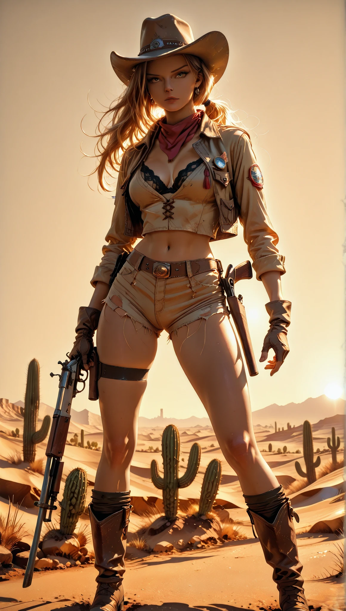 an attractive woman [gunslinger:bounty hunter:0.4] standing in a apocalyptic wilderness (oneshot style:1) <lora:djzOneShot_LB2:0.8>