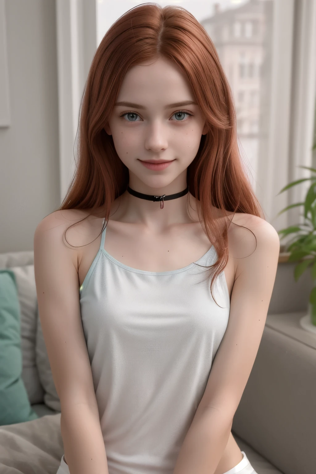 ((3d reference )) (18yo skinny redhead girl:1.2), cute onepiece tennis player suit ((supermodel)) (best quality, high quality), hyperdetailed, highres, high detail, intricate detail, HDR, 8k, sharp focus, detailed background, perfect hands, realistic eyes, detailed skin texture, (blush:0.5), (goosebumps:0.5), subsurface scattering, 16K, ultra high res, photorealistic, HDR, UHD, DSLR, RAW, cinematic lighting, dimples on the cheeks , blush, graphic eyeliner , rouge, ( lipstick:0.6), (choker:0.9), Realistic skin texture , (red:0.8), warm lighting , cozy atmosphere, instagram style, Not suitable for work , naive, shy, , delgado, fit, beautiful, beautiful, pale skin, Photorealistic, skinny bodie, smiling happily, very long red hair with hair ties. (toned arms:1.1) Beautiful detailed face, thin girls, thin girl, skinny girl.