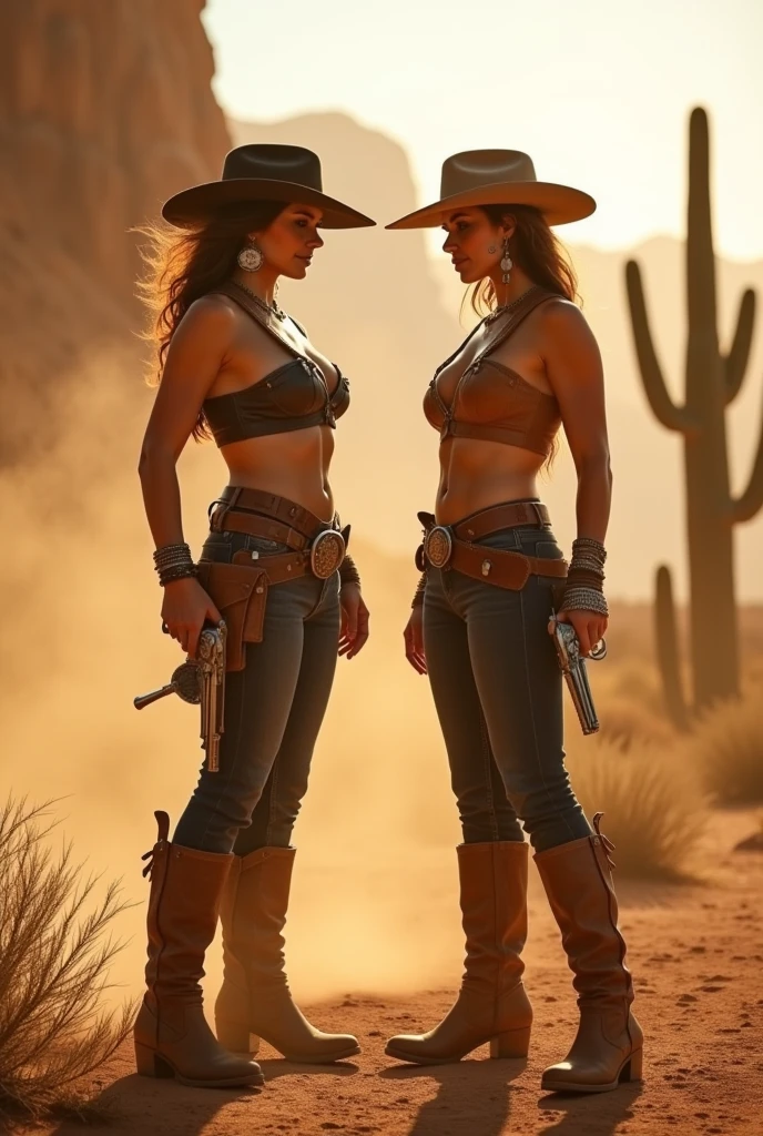Isabel Merced and friend, bob_cut hair, dressed as a cowboy in leather pants, (skin texture:1.1), (high detail face:1.1), full bodyshot, high detail body, high detail clothes, (big breasts:1.3),(masterpiece), (realistic), ultra high definition, 4k, ultra high resolution, film grain, cinematic lighting, rim lighting, photo by Arny Freytag, RAW image