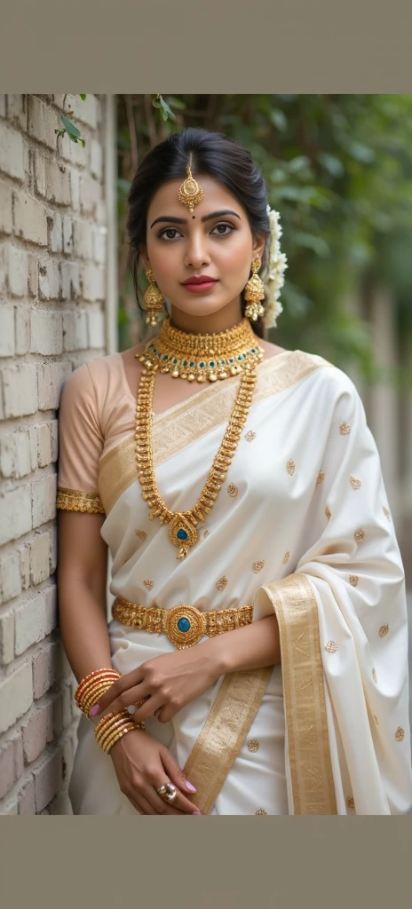 Full body shot, ((8k portrait of young adult female, pale white skin, masterpiece)), medium bust, long hair, blonde, (beautiful eyes), fantasy, elegant, mystic, potion shop, outdoor, medieval, ornaments, long pendant necklace, magical, award winning, painting by top artists, cinematic, detailed accessories, strong collarbone, cold lighting, (professional lighting), natural beauty, gold saree,