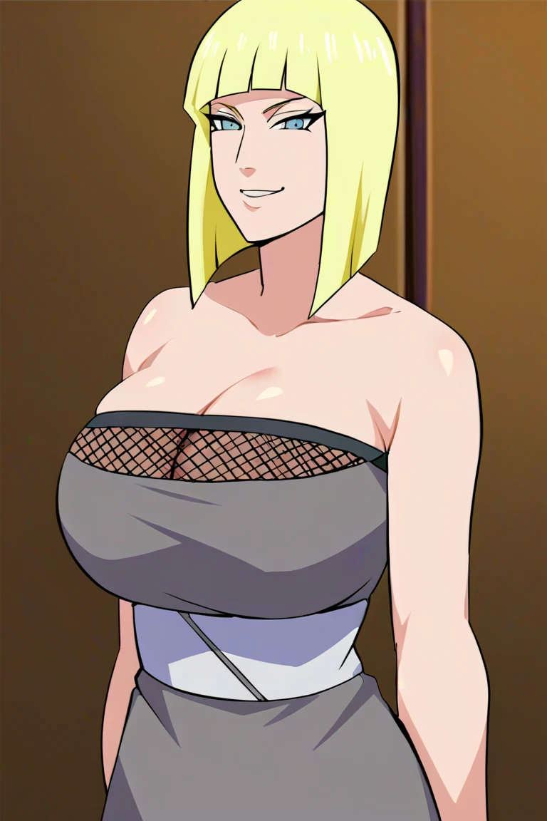 masterpiece, best quality, samui, looking at viewer, large breasts, upper body, portrait, looking at viewer, seductive smile,put your hands behind your head, armpits, armpits visible, sweaty armpits, short hair, yellow hair, white outfit