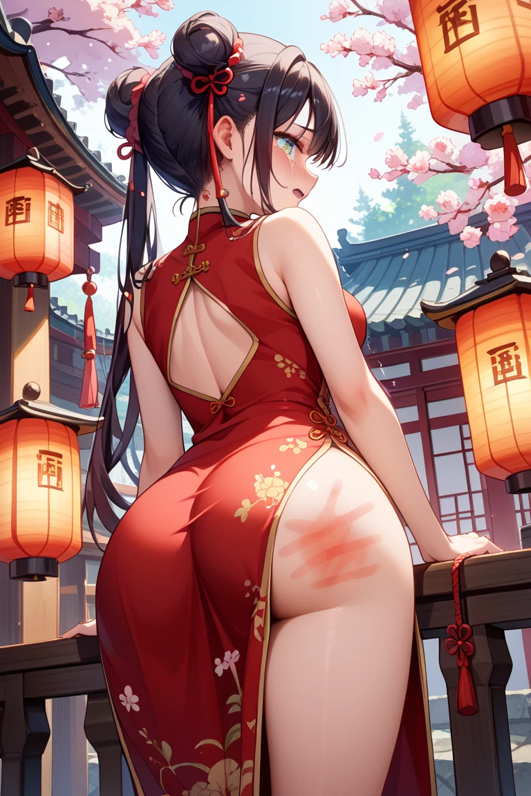 1female,45 yers old,Married woman,熟妇,Large breasts,long leges,big chest and thin waist, photo exposure, 独奏, She has long black hair,Redlip,The stands up,seen from the front, curlies, The sky is mostly cloudy,(((tmasterpiece),(Very detailed CG unified 8k wallpaper),Best quality,电影灯光,detailed back ground,beautidful eyes,Bright pupils,(very delicate beautiful),(Beautiful and detailed eyes description),ultra - detailed,tmasterpiece,)),facing at the camera,A high resolution,ultra - detailed),Expose breasts exposed,Bare genitals, convex,Camel toes,Raised sexy,Queen of China(dressed in:,Gold wire embroidery,Red cheongsam,lace panty,redcloak)