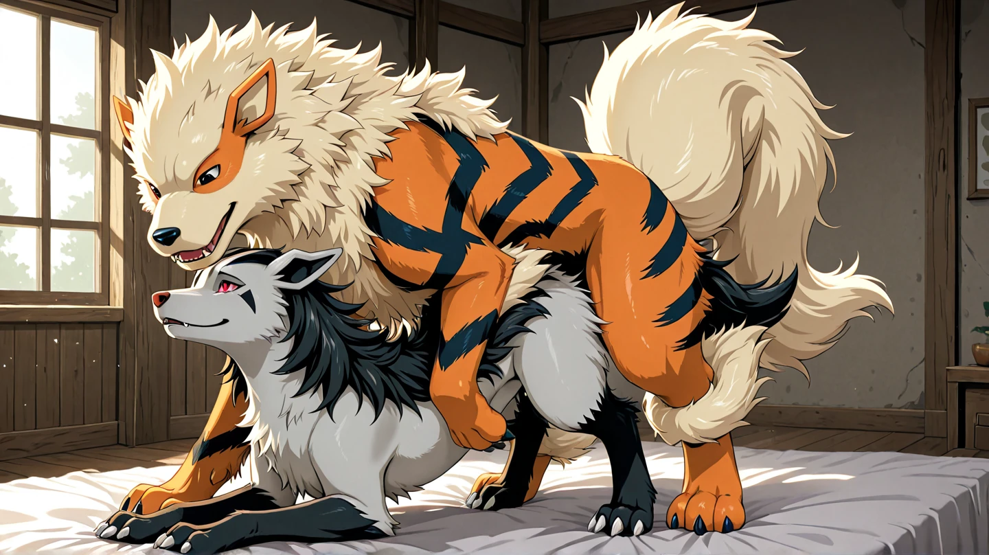 haychel , gigant arcanine_(pokemon), male, male arcanine, feral, big_dom_small_sub, butt_smother, dominant, duo, facesitting, white background, ass, big tail, gay,