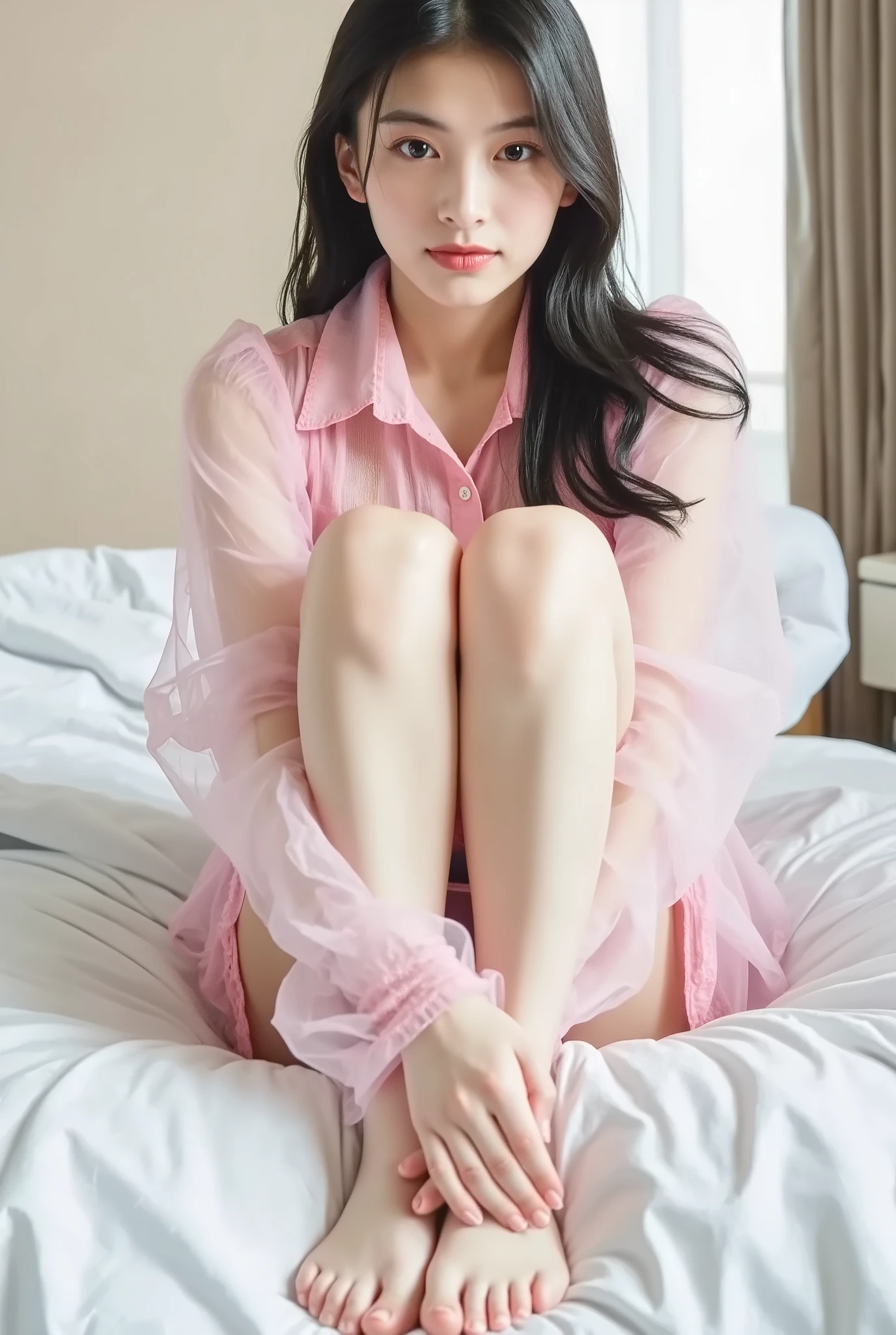 high-resolution photo of a young Japanese woman,professional lighting, sharp concentration but slight smile, 1 girl, (( Chest and legs are exposed a lot,upper body above the top of the foot:1.4)),slender body, white skin, detailed face, detailed eyes, sophisticated nose, after sex , obscene expression, ((perfect hand in h,perfect legs,perfect arms,Exact hand count, the exact number of legs,Accurate right hand,Accurate left hand,Accurate torso length,Perfect Anatomy, correct anatomy)), indoor, Luxury Hotel Bedroom
