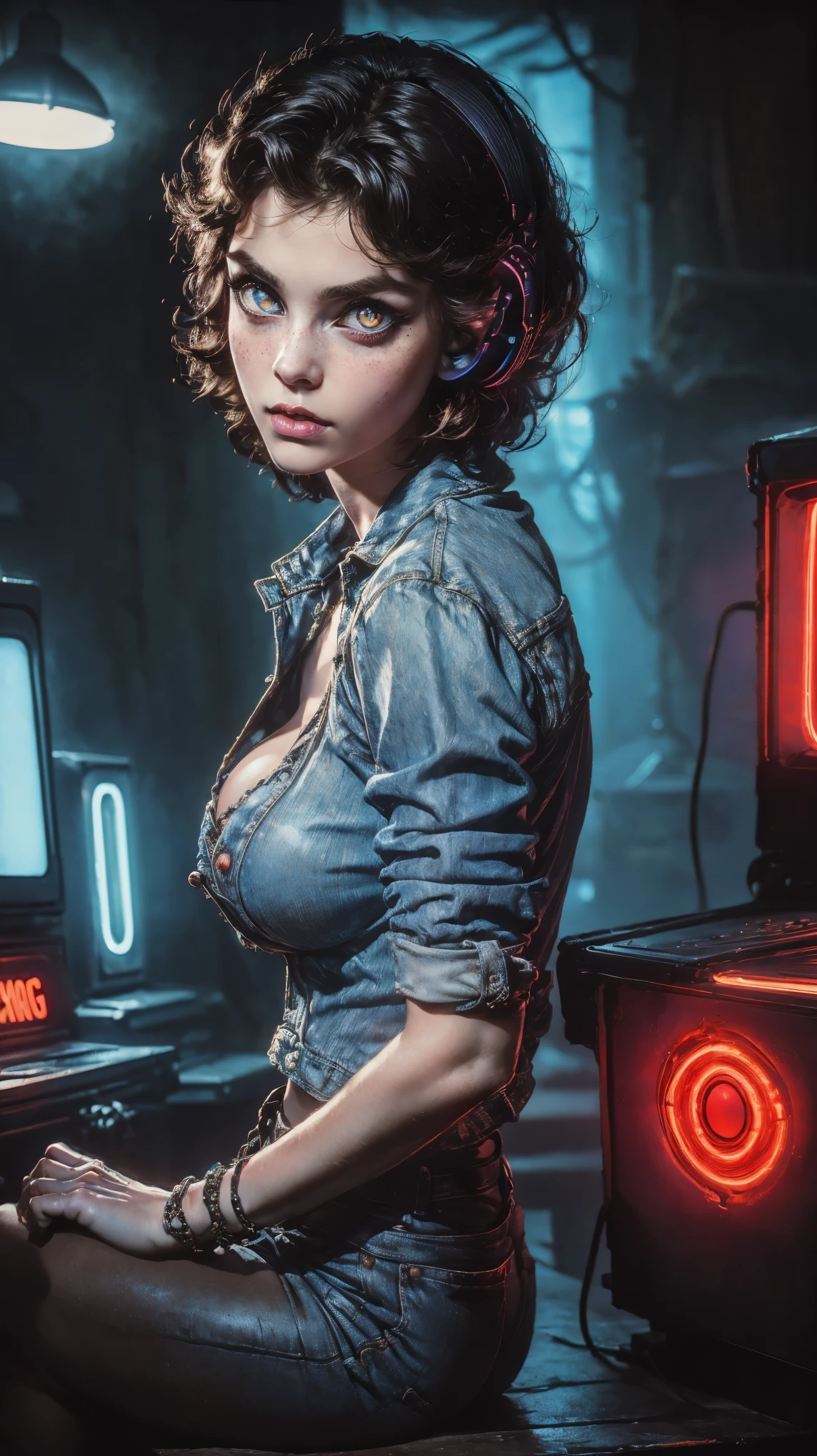 (masterpiece), (best quality), (ultra-detailed), (hyperrealistic), (sharp focus), (8k), (low lighting), (low angle shot:1.5), forced perspective, VERY CLOSE , portrait of the face, Close-up major, raw, pale skin, a 80's girl, with a denim jacket and a purple top, headphones and retro glasses with short hair, 80's bob style haircut, 80's retro hairstyle, retro gaming room, (big red eyes1:3), leaning on an arcade machine, sexy pose, neckline, hyperrealistic skin texture, (make-up: 1.2), ( big eyes: 1.5), (big breast: 1.2), (neon light), (top quality, masterpiece, absurd: 1.2), ultra detailed, smile
