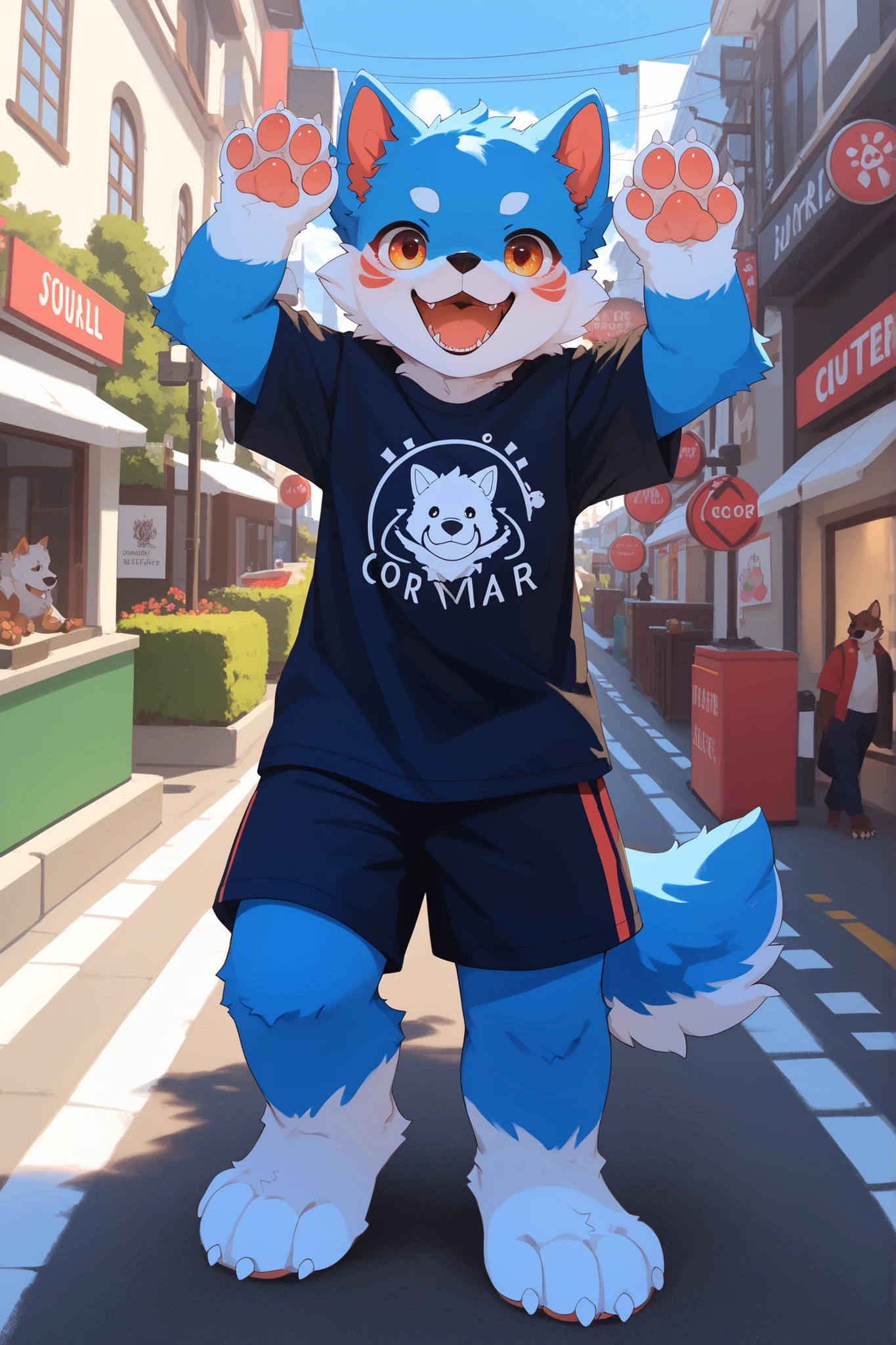 Anime style drawing of a dog, very very beautiful furry art, pov furry art, furry art, furry art!!!, High Quality Doujin Works , The highest-rated, detailed fan art, city street world background, fursona art, furry anime, by Shitao, Furry Mouth Art, SFW version full body photo, black, short sleeve, black shorts, barefoot claws, blue fur dog, orc boy with slightly red cheeks, looking happy at the audience